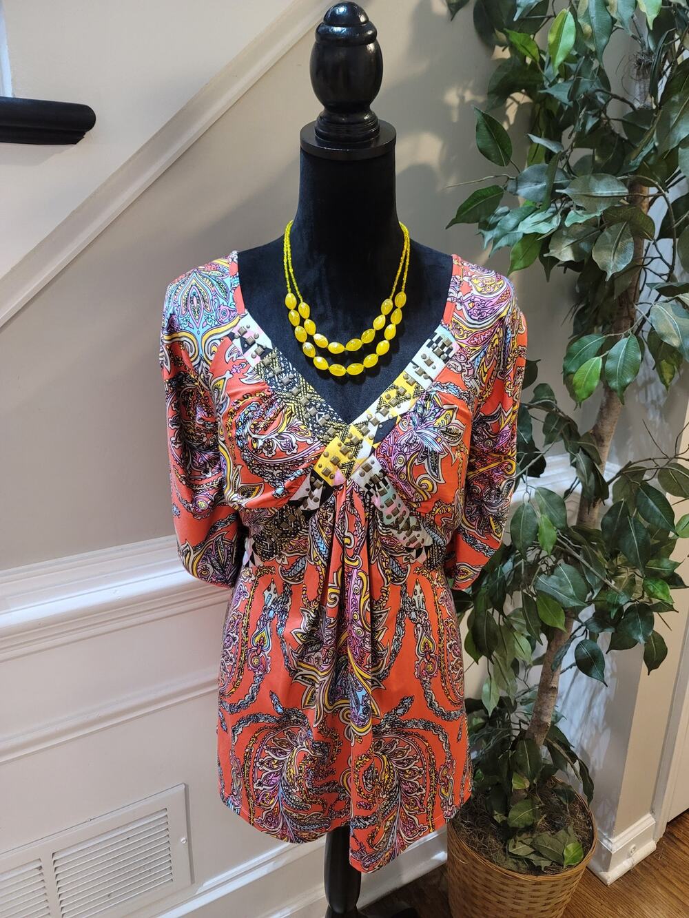One World Blouse Top Womens SZ 2X Multicolor Paisley Empire Waist Pleated V-Neck
